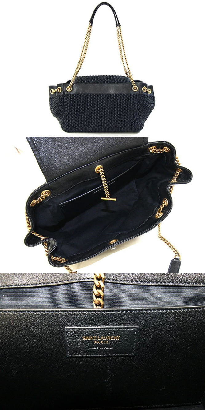 Saint Laurent Nolita Raffia Leather Shoulder Chain Bag Black Strap Handbag Black
